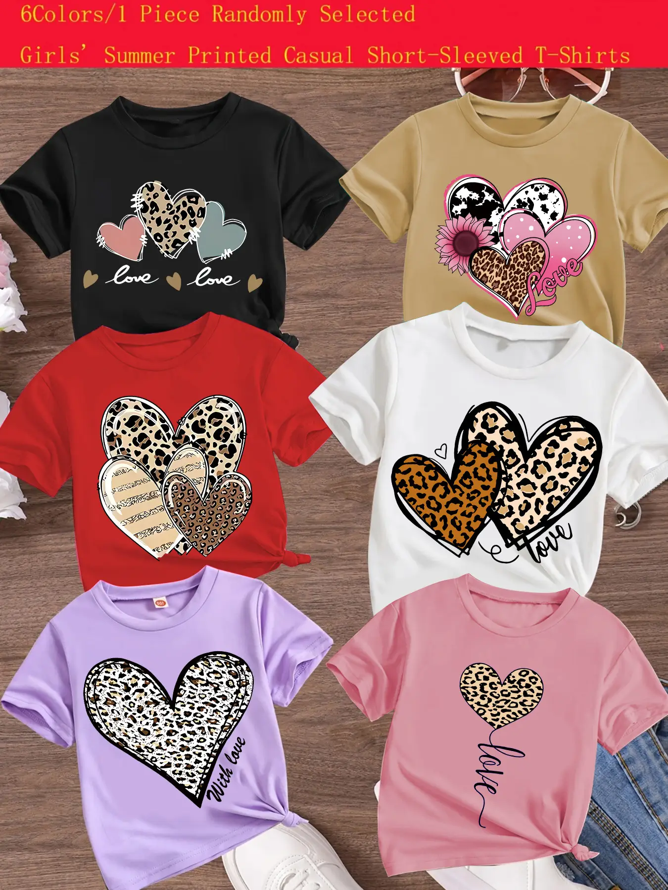 Girls Summer Fashion Leopard Heart Print Comfortable Short Sleeve T-Shirt, Random Style, Casual Fit, Perfect Gift for Kids