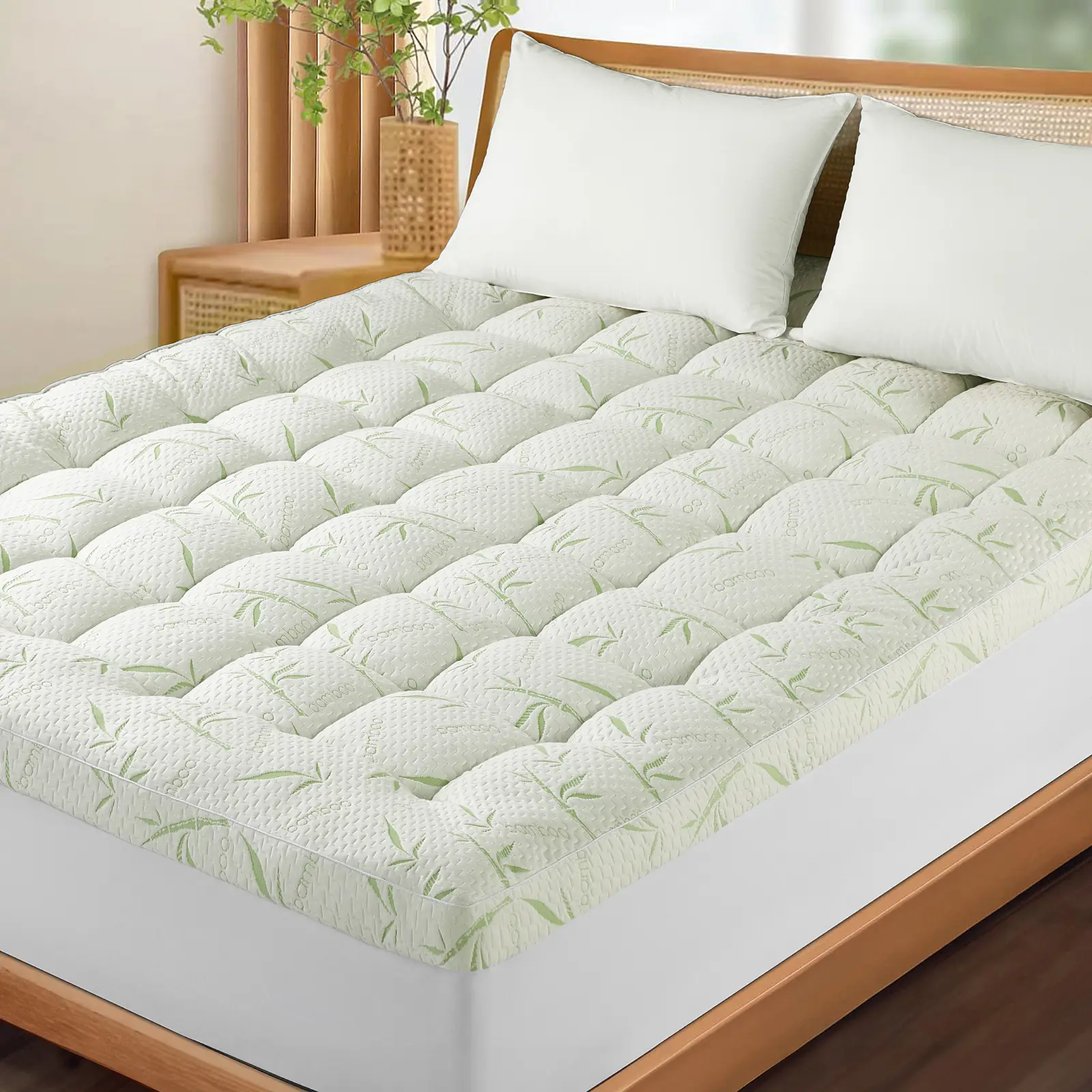 Shilucheng Bamboo Viscose Mattress Topper 8-21 Inch Fit Back Pain Relief Breathable Bamboo Fiber Ultra Soft Quilted Top Deep Pocket Machine Washable