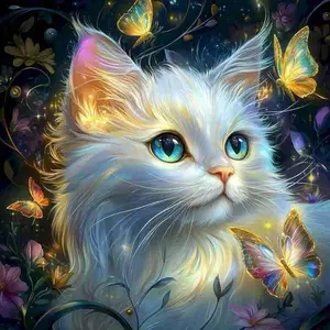 Magical White Fluffy Kitten with Glowing Butterflies & Flowers 5D Full Drill Diamond Painting Kit Fantasy Cute Cat Art DIY Cross Stitch Mosaic Craft Whimsical Home Wall Decor Handmade Gift for Cat & Animal Lovers