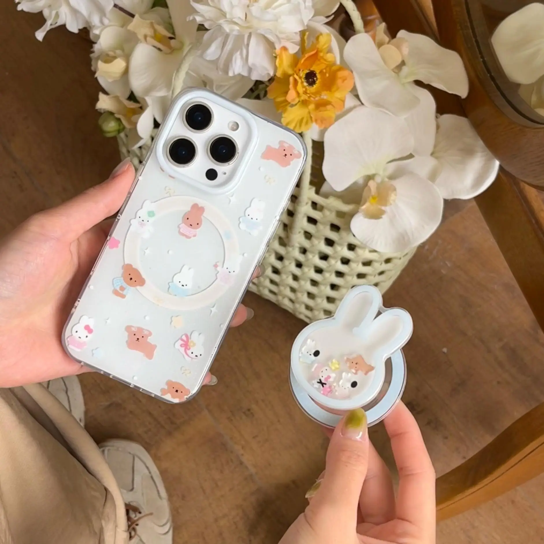 Cute Rabbit Design Phone Case with Rabbit Holder, Magnetic Phone Case with Stand, Phone Accessories Compatible with iPhone 16 Pro Max 15 14 13, Cover