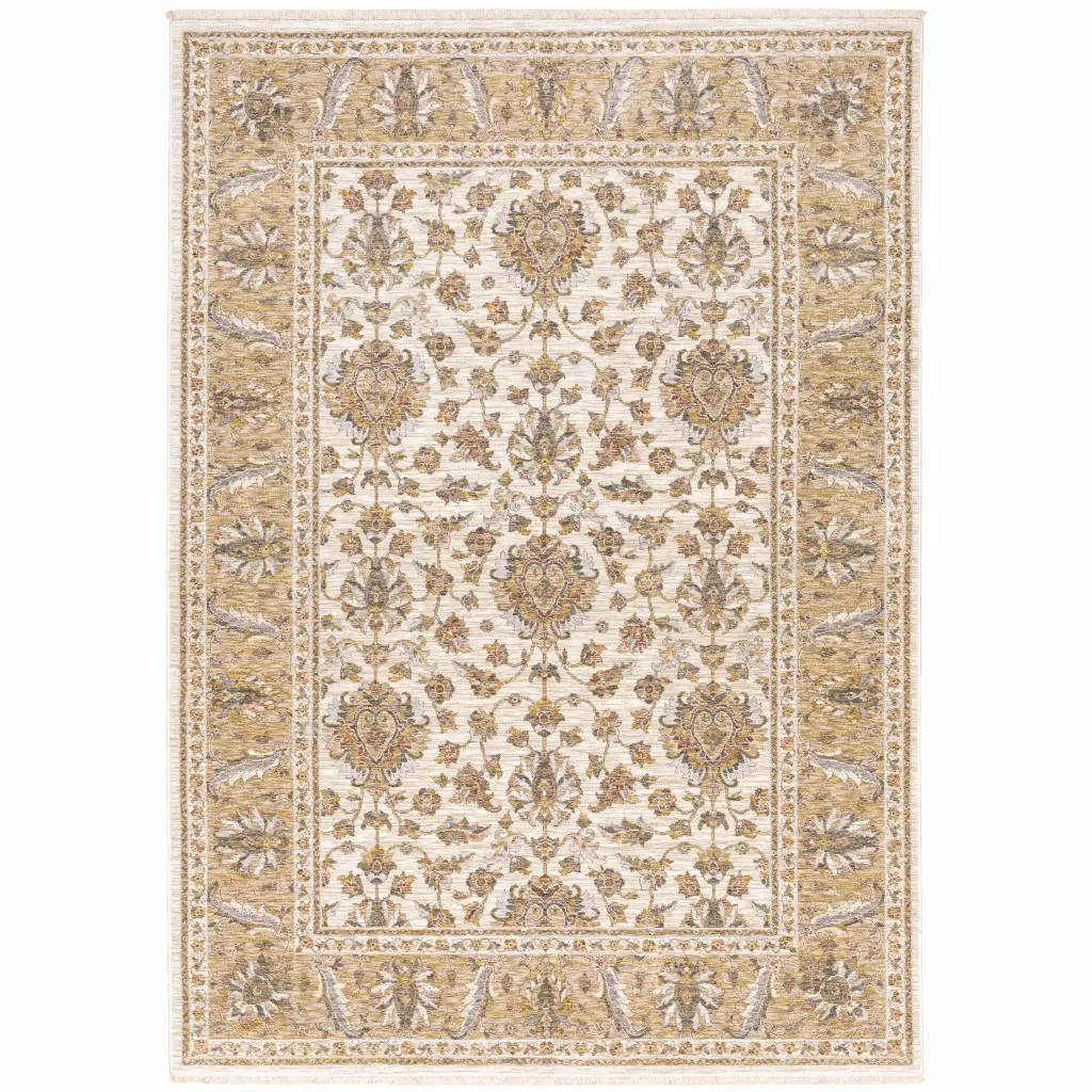 212 MAIN Traditional Oriental Area Rug, 8x11 ft Stain-Resistant Low Pile Polyester with Fringed Ends for Living Room, Ivory and Gold, 0.23" H X 94.49" W X 133.86" D