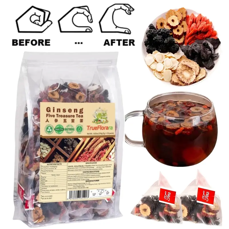 Kidney Tea Formula Ginseng Five Treasures Tea, Combination Selected Organic Ginseng Red Dates Mulberry Herbal Formula Chinese Health Tea for Men & Women