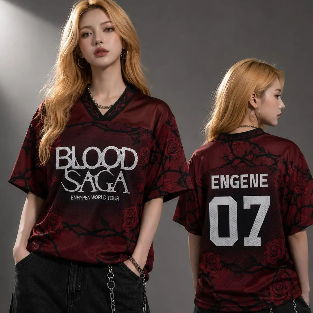 Kpop Boy Band Concert Outfit Football Jersey, Kpop Streetwear Croptop, Engene World Tour Merch Custom Kpop Jersey, Oversized Y2K Concert Top