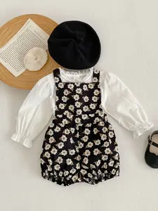 Baby Girl Embroidered Lace Cardigan Top with Floral Print Dungarees Set, Cute Spring & Autumn for Toddlers
