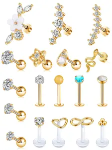 18 Pcs Multi-Purpose Piercing Jewelry Set Sparkling & Versatile Style (Multi-Use for Cartilage Earring, Cartilage Stud, Lip/Nose Ring, Shiny CZ Stones & Various Adorable Designs) for Women & Girls (Daily Wear, Piercing Styling & Party Looks)