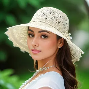 1pc Women's Large Brimmed Beach Hat for Fashionable Ladies, Stylish Foldable Sun Hat, Wide Brim Straw Sun Hat, Breathable, Washable, And Packable Summer Accessory, for Summer Beach (BeigeColor/Navy Blue)