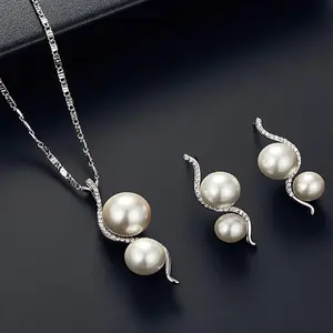 Gourd-Shaped Faux Imitation Pearl Pendant Necklace and Earrings Set Rhinestone Holiday Birthday Gift Accessories