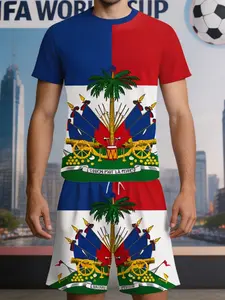 New Haiti Flag Emblem Printed Set Men's Short Sleeve Shorts Two-Piece Set, L'union Fait La Force, Pocket Drawstring Waist, Gift Idea