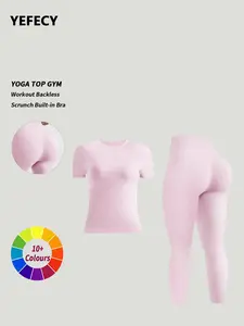 Women's Summer Solid Color Quick-Dry Yoga Set, Short Sleeve Top with Elastic Tight-Fit Pants, Breathable Sweat Absorption, Suitable for Fitness Running, Fitness Sportswear Set, Workout Sets