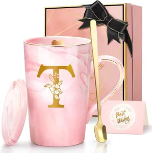 Personalized Marble Ceramic Mug Gifts for Women, 14 Oz  Initial Customized  Coffee Mug with Lid, Birthday Christmas Mother's Day Gifts for Her Wife Mom Grandma  Sister ,T