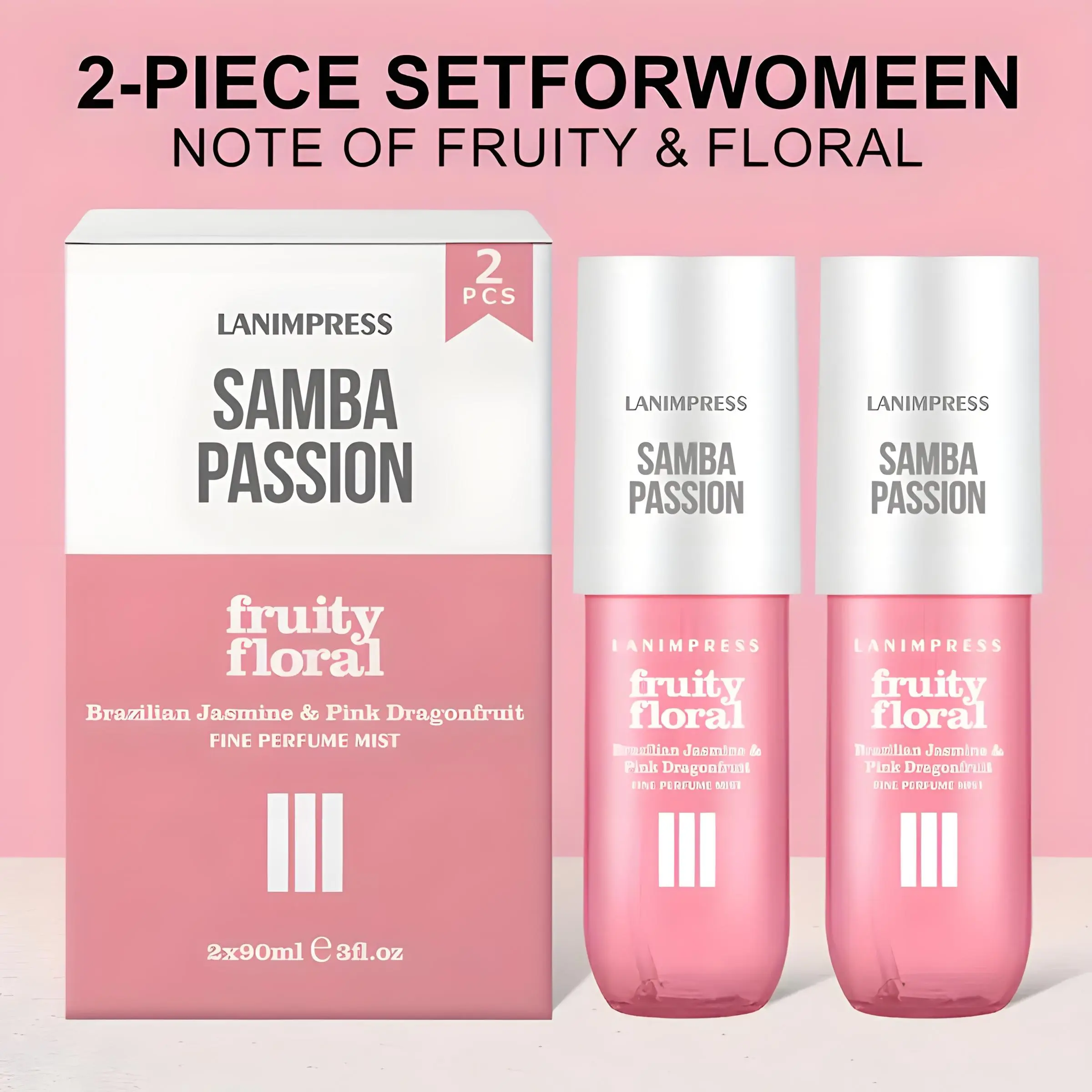 LANIMPRESS 2PC Fruity Floral Perfume Mist Brazilian Jasmine & Pink Dragonfruit Eau de Parfum Long-Lasting Paraben-Free Hair & Body Mist Travel-Size Cruelty-Free Continuous Fragrance