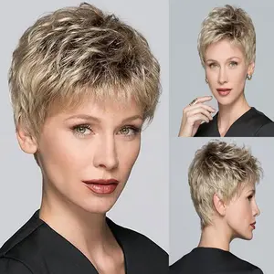 Pixie Layered Short Blonde Wigs for White Women Synthetic Hair Blond Highlights Wigs with Bangs Synthetic Straight Short Hair Replacement Wigs for Party