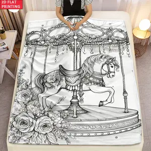 2D Flat 1pc Carousel Horse HD Printed Blanket. Soft and Warm Flannel Blankets for Travel, Camping, Sofa, Livingroom, Couch, Chair, Bed, Bedroom. Gift for Family or Friends 280gsm. Applicable To All Seasons.