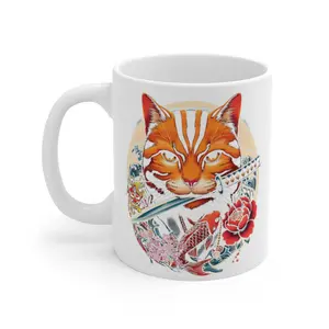 Samurai Cat Cat Sublimation Graphic Ceramic Mug 11oz Perfect For Coffee, Tea and Hot Chocolate-97540655 1