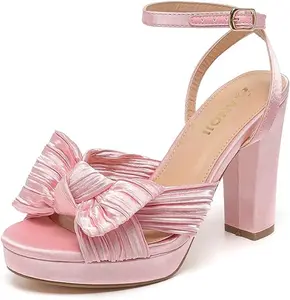 Amoji Women's 4'' Platform Chunky Heels Bowknot Heeled Sandal Wedding With Ankle Strap 302F4 Bow Bride Shoes Trendy Dinner Party Outfit Women's Elegant Bowknot Heels Bridal Heels Walking Shoes Stylish Footwear Girl
