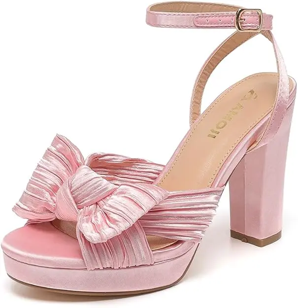 Amoji Women's 4'' Platform Chunky Heels Bowknot Heeled Sandal Wedding With Ankle Strap 302F4 Bow Bride Shoes Trendy Dinner Party Outfit Women's Elegant Bowknot Heels Bridal Heels Walking Shoes Stylish Footwear Girl