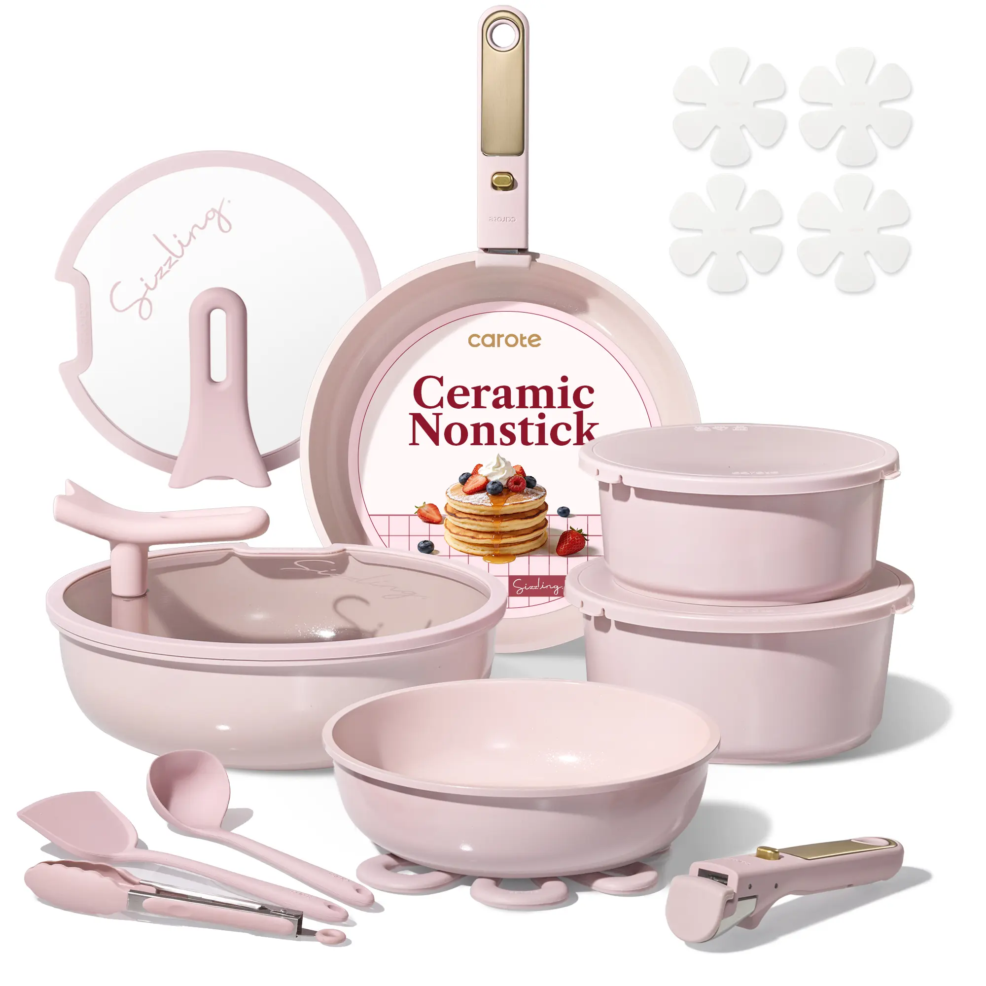 [Official] CAROTE Macaron Color 20Pcs Ceramic Cookware Set Stand-Up Lid with Detachable Handle Set, Non Stick Pots and Pans Set Non Toxic, PFAS Free