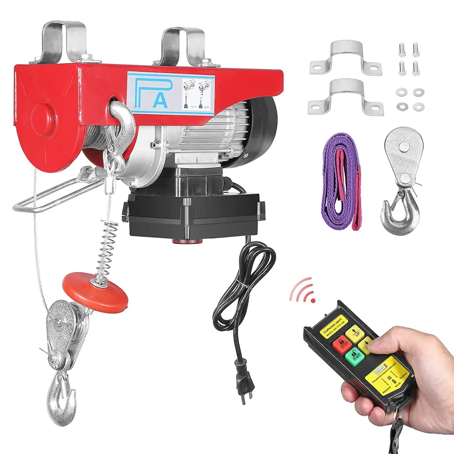 GARVEE 850lbs Lift Electric Hoist with Wireless Remote Control, 110V Electric Winch with Rope, Electric Lift Hoist 40 Ft Lifting Height Electric Cable Hoist, Chain Hoist for Garage Warehouse Factory