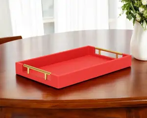 360 stand Handy 16 in. Rectangular Metal Serving Tray with Handles - Handmade Red Wood & Vinyl Faux Shagreen, Stylish Modern Home Organizer, Ideal for Birthday Gatherings & Gifting