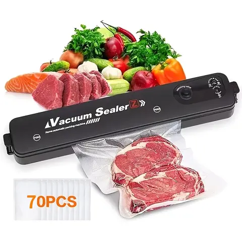 120V Plug-Powered Compact & Space-Saving Vacuum Sealer Set with 70 Sealed Bags, 50 Free Vacuum Bags, Semi-Automatic Operation, Simple Controls, Bulk Packaging Support, Efficient Freshness Lock, Household Kitchen Appliance for Food Preservation