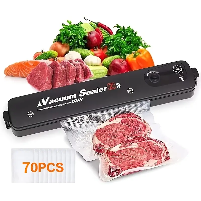 120V Plug-Powered Compact & Space-Saving Vacuum Sealer Set with 70 Sealed Bags, 50 Free Vacuum Bags, Semi-Automatic Operation, Simple Controls, Bulk Packaging Support, Efficient Freshness Lock, Household Kitchen Appliance for Food Preservation