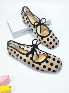 Upgrade Women's Round Dot Net Flat Mary Jane Shoes, Simple French Style, Breathable Summer Slip-Ons, Square Toe Butterfly Knot Design