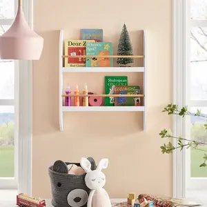 Steiner White Rounded Contemporary 2-Tier Kids Book or Magazine Storage Wall-Mount Bookcase with Contrasting Wood-toned Rods