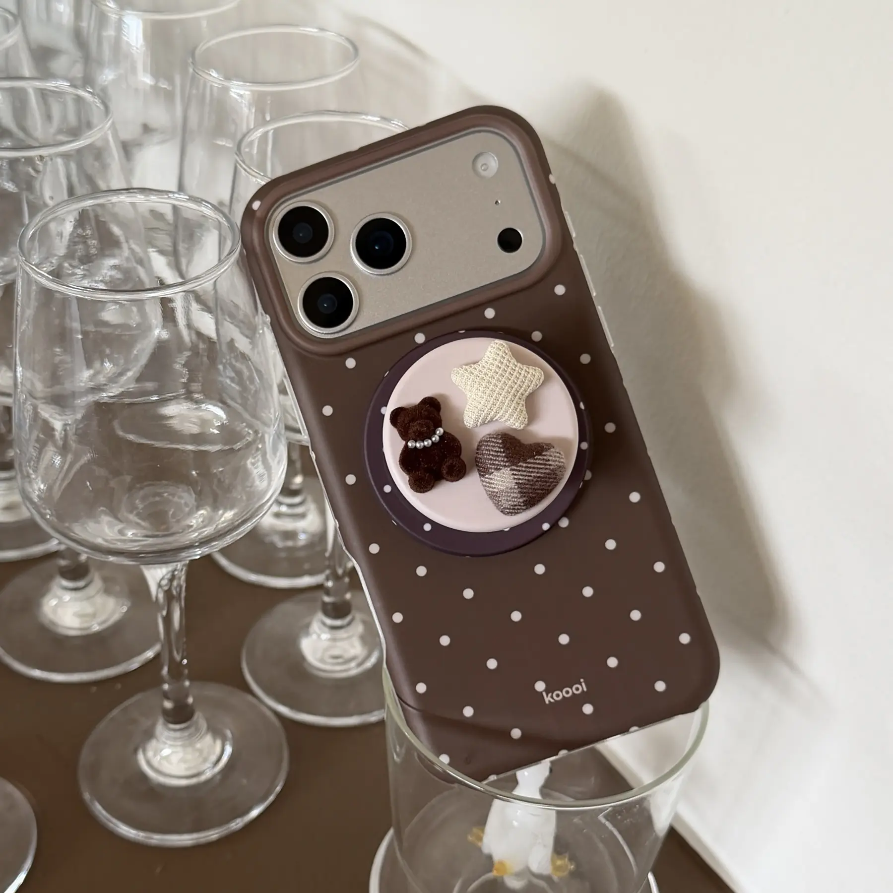 Autumn Winter Retro Half-Encased Matte Polka Dot Phone Case Cover, 3D Bear Star Stand, Fits iPhone 17 Pro Max, 16 Pro Max, 15 Pro Max, 14 Pro, 13