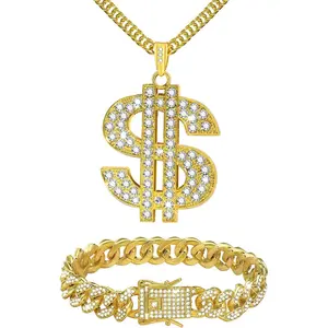 2 count Cuban Link  Chain Necklace Set, 80s 90s Costume  With Big   Chains, Dollar Sign Pendant,  Hop Rapper Costume Accessories for Men Women Halloween Party