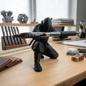 Ninja Pen Holder for Desk, 3D Printed Samurai Office Decor, Kneeling Shinobi Stationery Stand, Office Desk Stand, Office Desk Accessories, Gift for Him