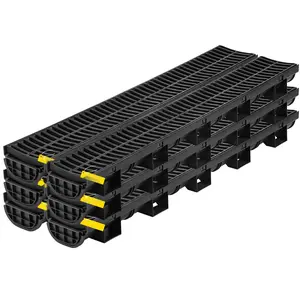 HDPE Trench Drain System With Plastic Grate, Channel Drain 5.8x3.1-Inch Size, Black Garage Floor Drain, 6x39 Grate With Six End Caps, Ideal For Garden And Driveway Drainage, 6 Pack