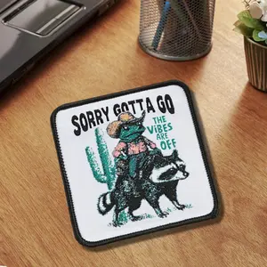 Sorry Gotta Go Embroidered Patch, Denim Frog Design, Back Adhesive Iron-On, Perfect for Clothes Jackets Hats Accessories