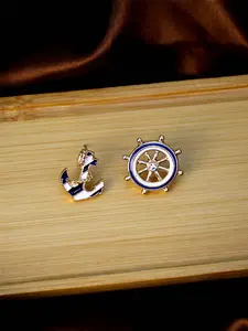 1pair Navy Style Blue Asymmetrical Anchor And Rudder 925 Silver Stud Earrings
