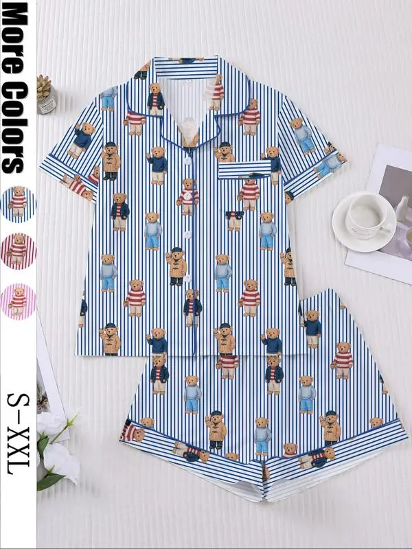 Women's 2-Piece Short Sleeve Pajama Set, Cute Bear Print, Soft Fabric, Elegant Casual, Comfortable Lapel Top & Wide Leg Shorts