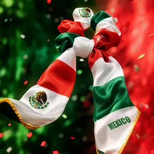 4-Piece Mexico Hair Accessories Set - Satin Scrunchie Bow, Headband, Hair Clips, Green Red White Colors, Soccer Fan Game Day Spirit Look for Women