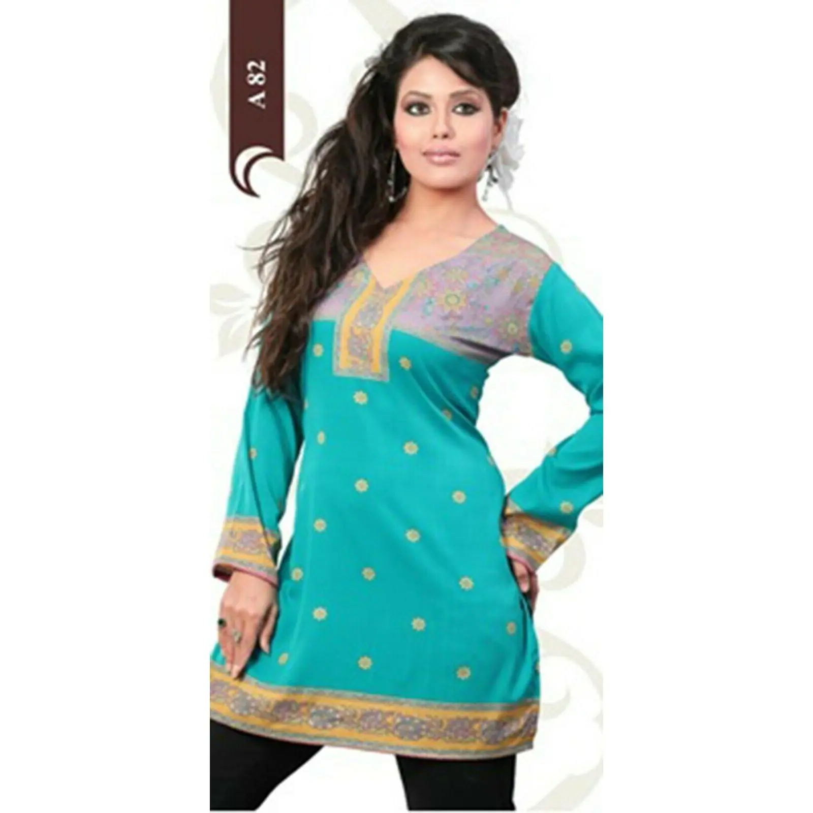 Women’s Printed Long Sleeves Crepe Kurti Tunic tops with Gold Foil - 1031-L