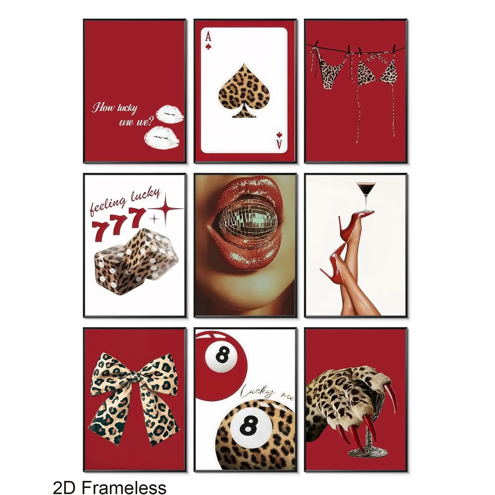 9-piece set, stylish red leopard-print Artistic wall art set, featuring a “Lucky No. 8” ball wall decoration; leopard posters and prints perfect for girls' bedrooms, apartments, and dorm rooms; frameless