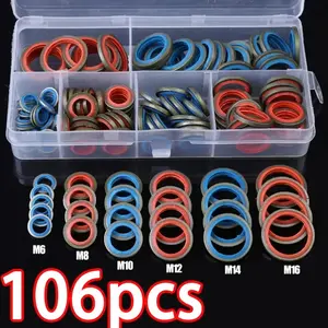 106PCS Red & Blue Oil Seal Gasket Kit, M6-M16 rubber and metal washer assortment, ideal for full engine seal replacement on cars, trucks and motorcycles.Equipped with leak-proof O-rings and crush gaskets, high temperature and corrosion resistant.