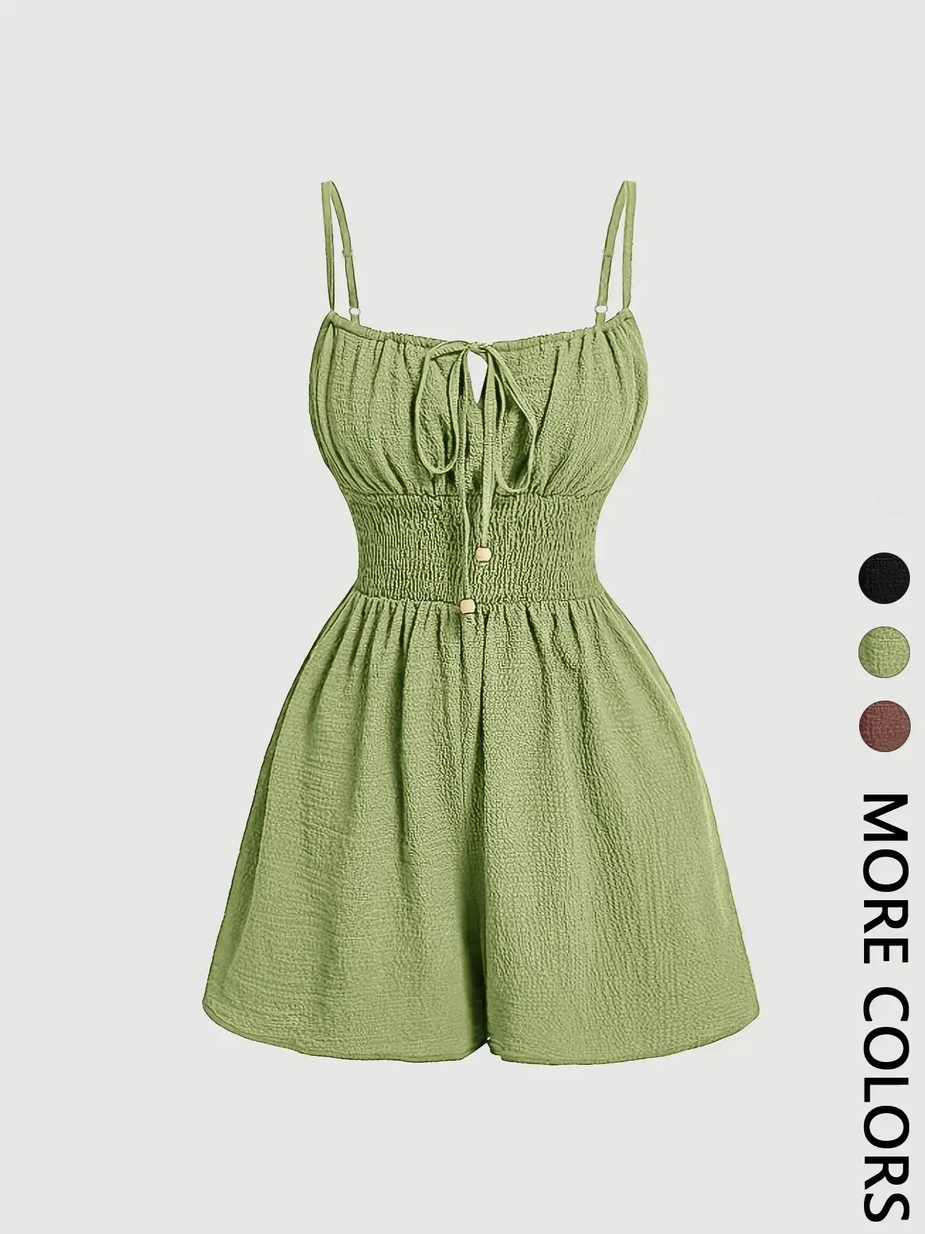 1 Women's Flowy Sleeveless Fitted Solid Romper |   Tie Front Smocked Waist Jumpsuit |   Cottagecore Casual Going Out Wear |   Boho Coastal Vacation Brunch Wear