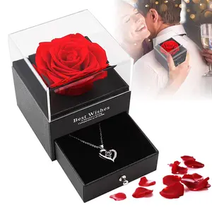Preserved Real Red Rose Gift Box with “I Love You” Necklace in 100 Languages – Eternal Flower Jewelry Set for Women | Birthday, Anniversary, Valentine’s & Mother’s Day Gift