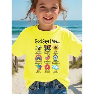[Girls' T-Shirt] Girls' Fashion Short Sleeve T-Shirt |   Cartoon Print with Bees, Butterflies, Flowers, and Rainbows |   Crew Neck, Slight Stretch, Regular Fit, Casual Style