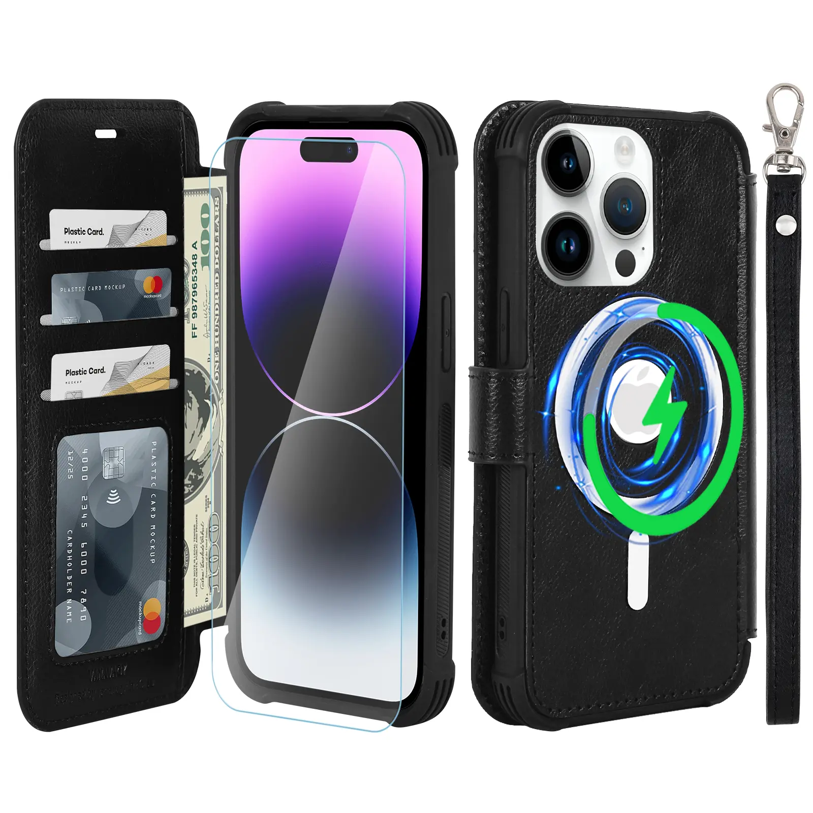 Vanavagy Compatible for iPhone 12/12 Pro/13/14/Mini/Pro/Plus/Pro max Wallet Case for Magsafe,RFID Flip Leather Cover with Wrist Supports Wireless Charging with Card Holder and Glass Screen Protector
