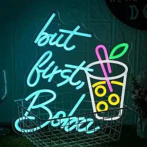 But First Boba Letter Design Neon Light, USB Powered LED Neon Sign, Wall Mounted Home Lighting Decoration Light, Suitable for Milk Tea Shop, Drink Shop, Snack Bar