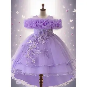 Girl's Floral Embroidery Sequin Decor Tulle Dress, Elegant Cold Shoulder A Line Dress for Party Performance Wedding Guest, Kids Clothes for Summer