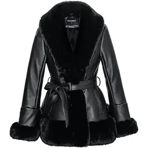 Women’s faux leather peplum parka coat with a faux fur collar, long sleeves, furry trim, and belt for winter