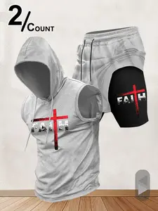 Men’s "Faith" Cross Print Sleeveless Hoodie & Shorts 2‑Piece Set, Christian Themed Workout Outfit, Gym Streetwear Tracksuit#FaithCrossSet #ChristianWorkoutWear #SleevelessHoodieSet #2PieceGymOutfit #TikTokFashion