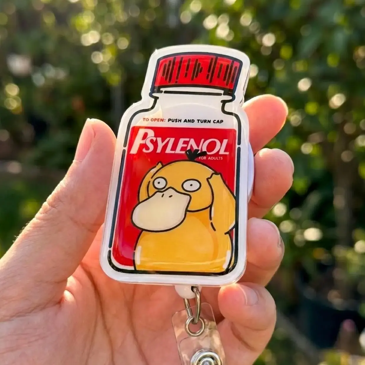 Psylenol Psyduck Badge Reel, Funny Retractable ID Holder, Cute Pokemon Pharmacist Acrylic Badge Reel