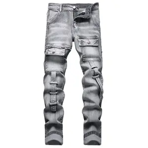 XIMXIMMTIAN Men Jeans Designer Casual Street Tear Fashion Straight Slim Fit Moto Stretch Water Washed Retro  Motorcycle Red Biker Denim Pants Slim Fit Fashionable outdoorfun