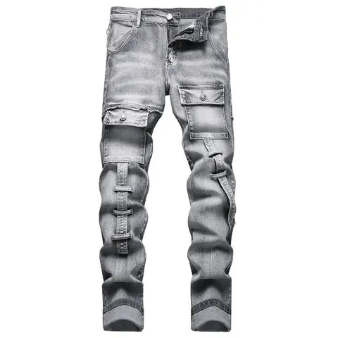 XIMXIMMTIAN Menswear Trouser Jeans - Men's Retro Red Water Washed Designer Biker Pants, Straight Slim Fit, Moto Stretch, Tear Detail, Casual Streetwear Bottoms Grey