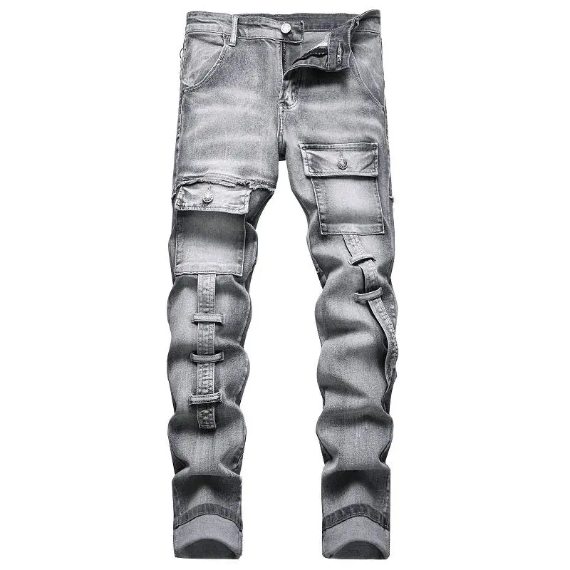 XIMXIMMTIAN Menswear Trouser Jeans - Men's Retro Red Water Washed Designer Biker Pants, Straight Slim Fit, Moto Stretch, Tear Detail, Casual Streetwear Bottoms Grey
